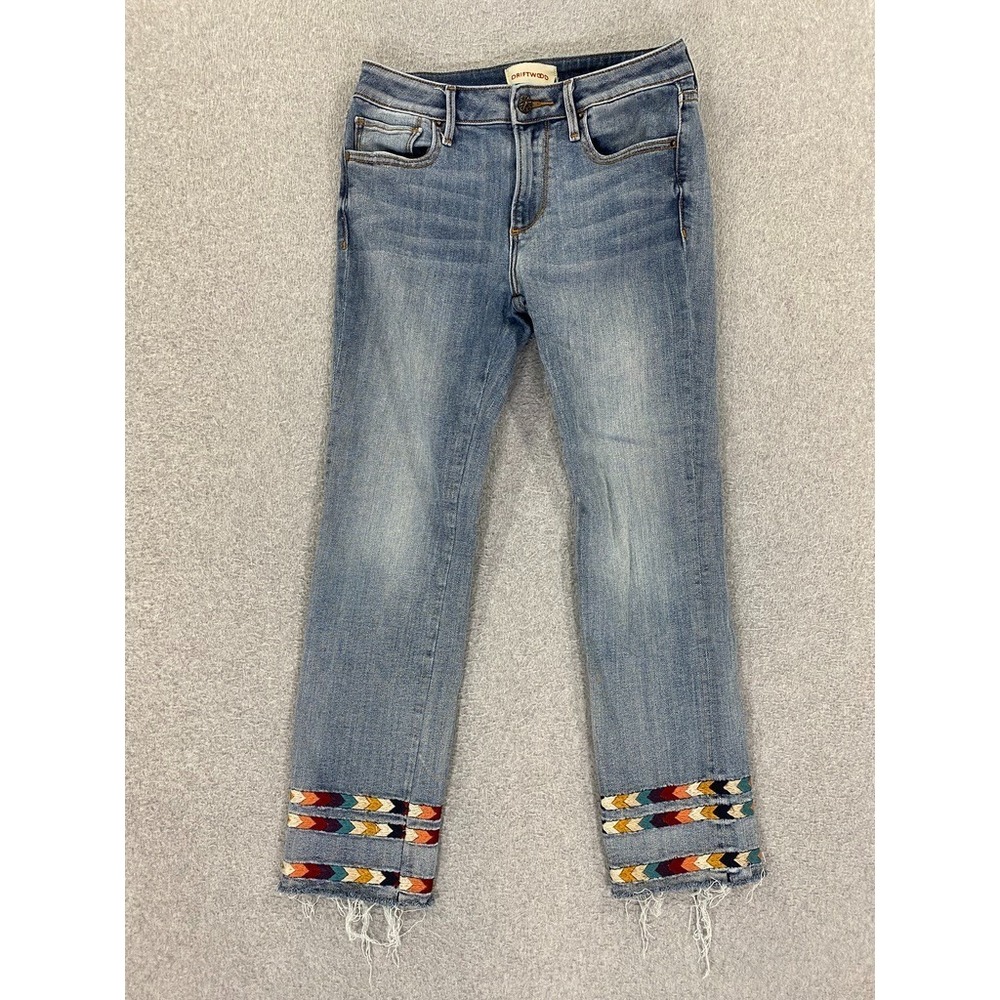 Driftwood Women's 25 Colette Crop‎ Jeans Blue Embroidered Fray Hems Designer